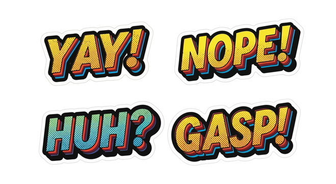 Comic Book Style Exclamations: Yay, Nope, Huh, Gasp