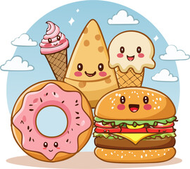Delicious cartoon fast food icons set collection illustration, including burger, pizza, sweet desserts, and bakery items like cake and cookies, ice cream