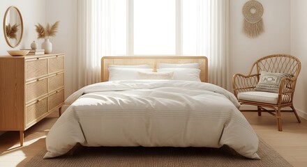 Fototapeta premium Bright airy bedroom interior with natural light featuring a woven chair dresser and neutral color pa