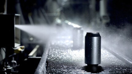 Cold aluminum soda can under water spray in industrial background, beverage freshness and cooling concept with condensation drops and metal texture