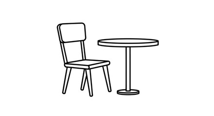 Minimalist line drawing of a wooden chair and a round cafe table, simple furniture illustration.