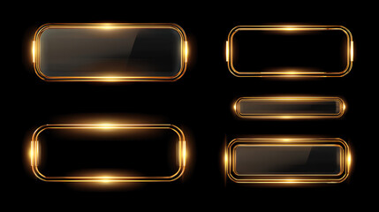 Gold glass button interface, light frame banner set, glass panel set for mobile and web app, tech board frame in futuristic style. Light banner collection with glow effect, vector illustration.