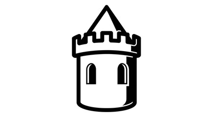 A simple black and white line art icon of a medieval castle tower with battlements and a pointed roof.