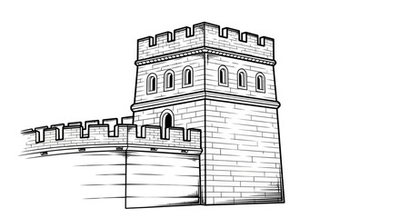 Detailed black and white line drawing of a section of the Great Wall of China with a prominent watchtower.