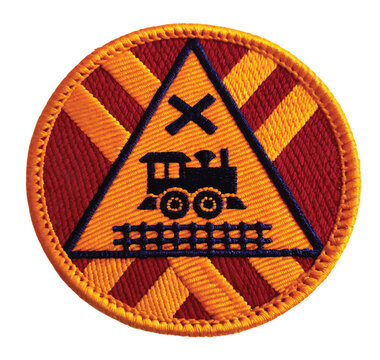 Detailed railway crossing sign with train, triangle, and crossbuck for safety, travel, or transportation themed designs and presentations about trains