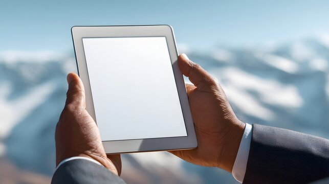 Hands holding digital tablet with blank white screen against snowy mountain landscape background, modern technology and travel innovation concept - Powered by Adobe
