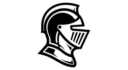 Black and white profile illustration of a medieval knight's helmet with a visor and crest, depicting strength and chivalry.