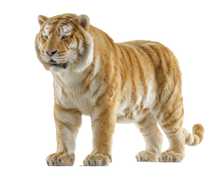 Unique Bengal tiger with light golden fur standing proudly on a white background