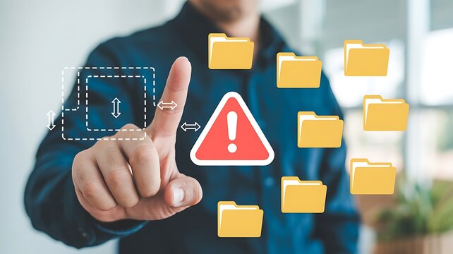 Data Security Breach Businessman Interacting with Warning Symbol and Digital Folders