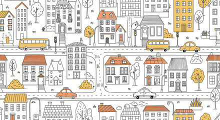Obraz premium Cartoon city illustration with houses cars and buses seamless pattern background design vector art