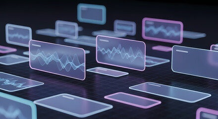 A futuristic digital landscape showcasing data visualization on transparent screens, symbolizing technology and information flow in a modern setting.