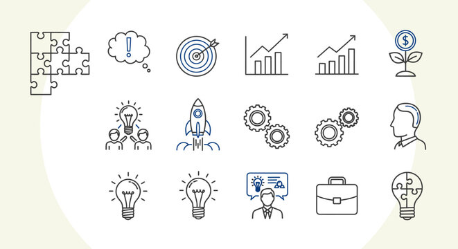 Business strategy and planning icons for success and growth in modern digital marketing age era