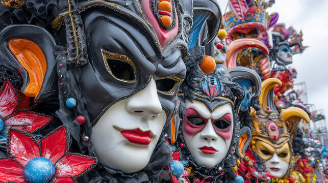 Colorful artistic carnival masks featuring bold black and white details displayed during a creative festival celebration