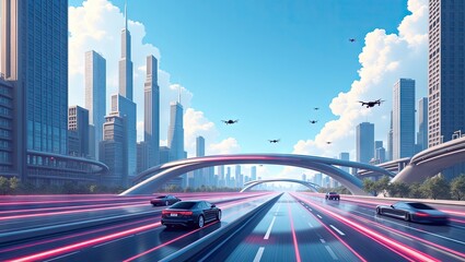 Futuristic cityscape presents a vibrant scene with sleek automobiles moving along a high-speed highway with streaks of light, flanked by modern skyscrapers under a bright blue sky and fluffy white...
