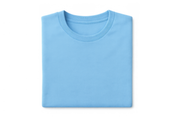 Light blue folded t-shirt mockup, crew neck apparel, blank cotton textile clothing on transparent background