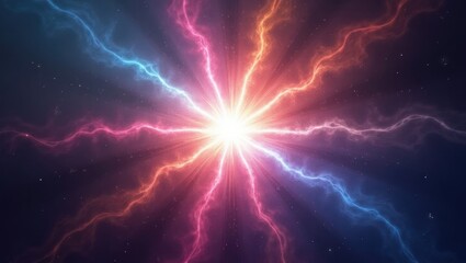 Stunning vibrant light flares burst outward from the center, displaying a colorful and dynamic visual composition of swirling energy, radiant light rays, and cosmic textures against the deep, dark,...