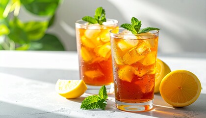 Fototapeta premium Refreshing iced lemon tea with mint leaves served in clear glasses on ice, perfect summer beverage photography.