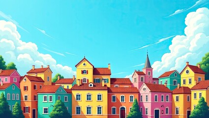 Cheerful illustration showcases a colorful townscape, depicting houses with vibrant facades of yellow, pink, orange, and green, under a bright blue sky filled with fluffy white clouds.