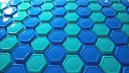The abstract illustration showcases a repeating pattern of glossy, three-dimensional, and colorful hexagons in varying shades of blue and green, creating a visually appealing and modern backdrop.
