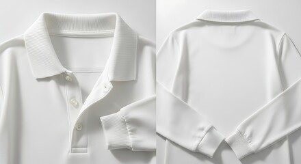 Clean White Long Sleeved Polo Shirt Detailed Front and Back View for Fashionable Apparel Mockups and Design Templates