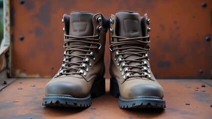 shot shows two brown leather hiking boots with sturdy laces and metal eyelets, positioned in front of a weathered and rusted metal surface, creating an outdoor aesthetic.