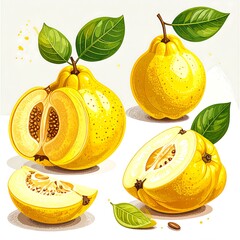 Quatrefoil of juicy quinces, whole and sliced, displayed with leaves