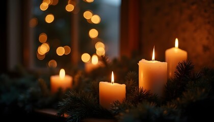 A dimly lit room with warm glowing candles casting a soft light on surrounding pine branches, bokeh lights creating a magical ambiance, a cozy holiday atmosphere on a quiet winter morning.