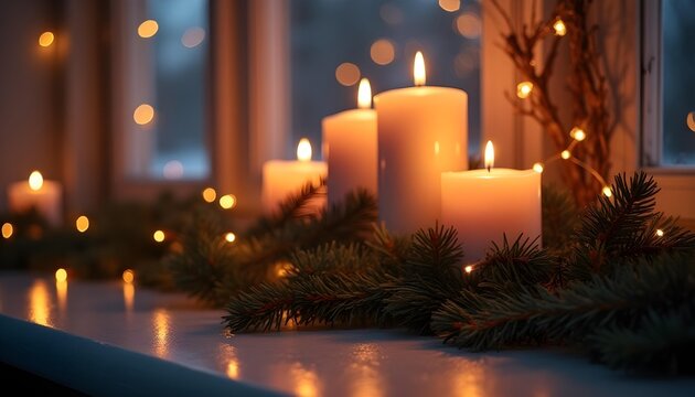 A dimly lit room with warm glowing candles casting a soft light on surrounding pine branches, bokeh lights creating a magical ambiance, a cozy holiday atmosphere on a quiet winter morning.