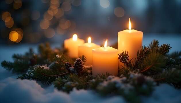 A dimly lit room with warm glowing candles casting a soft light on surrounding pine branches, bokeh lights creating a magical ambiance, a cozy holiday atmosphere on a quiet winter morning.