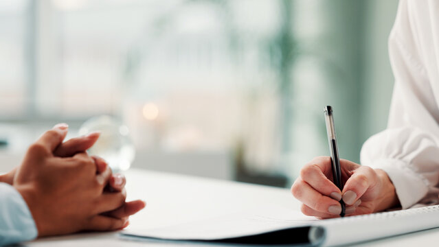 People, hands and sign document in office with insurance agreement, terms and conditions for compliance. Person, writing or signature in workplace for contract, financial service policy or paperwork.