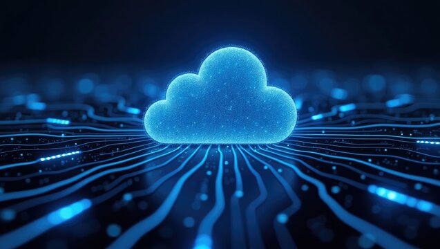 Conceptual digital cloud computing illustration features a glowing stylized cloud shape above a network of connected glowing lines, symbolizing data transfer and storage in a futuristic tech...