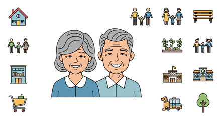 Cartoon illustration of a senior couple with community icons.