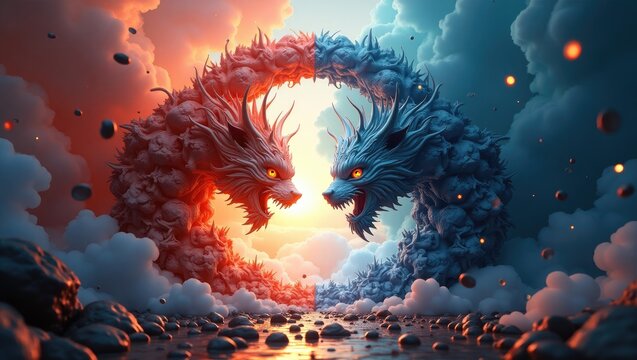 Two mythical creatures, one red and one blue, face each other forming an arch, with glowing eyes and fierce expressions.