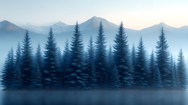 Misty pine forest landscape covered in blue fog and morning light, mysterious natural wilderness scenery with serene foggy woods and peaceful atmosphere - Powered by Adobe