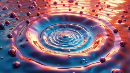 Circular ripples spread outwards on a surface that seems to be liquid, adorned with floating spheres, reflecting warm orange and cool blue hues, conveying a sense of tranquility.