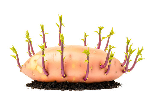 A vibrant sweet potato sprouting stems and leaves, promising new growth and a bountiful harvest, ideal for farming and healthy eating content