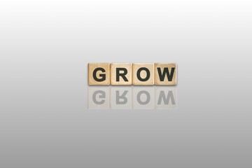 Inspiring growth concept for business and personal development with wooden blocks spelling GROW and mirrored reflection, perfect for motivational campaigns