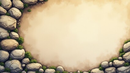 Rendered illustration displays a light brown, neutral canvas surrounded by cartoonish, textured stones and green grass, suggesting a natural border and inviting empty space suitable for text or...