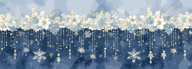 아름다운 겨울 배경에 눈꽃과 반짝이는 장식이 어우러진 우아한 수채화 스타일 벡터 일러스트레이션으로, 명절 분위기를 연출합니다.