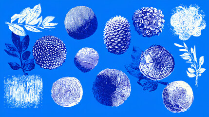 Ink roller linocut stamp texture collection on bright blue background. Hand drawn printmaking overlays. Stock Vector