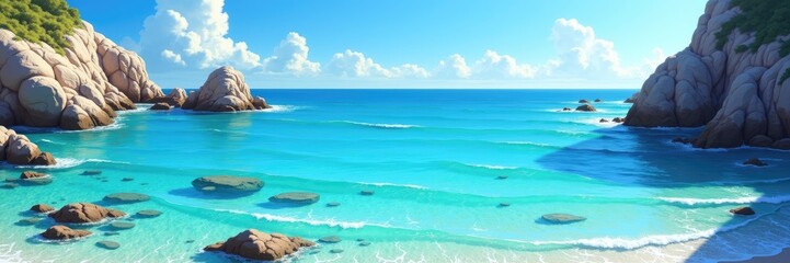 Beautiful seascape features turquoise water gently washing against a sandy beach with scattered rocks, alongside towering cliffs covered in greenery, under a vibrant blue sky and fluffy white clouds.