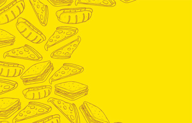  A bold yellow fast food pattern featuring hand-drawn pizza slices, sandwiches, and hotdogs. Perfect for packaging, branding, menus, and playful food-themed designs.
