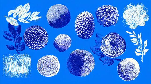 Ink roller linocut stamp texture collection on bright blue background. Hand drawn printmaking overlays. Stock Vector