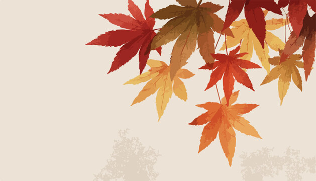 따뜻한 베이지색 배경에 다채로운 색깔의 단풍잎이 우아하게 내려앉은 가을 분위기 일러스트.