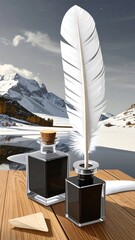 Quill and ink in snowy landscape