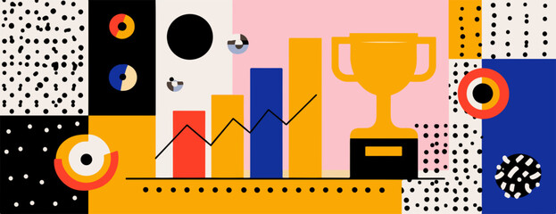 비즈니스 성공과 재정적 성장을 상징하는 데이터 차트, 트로피 및 추상적인 기하학적 패턴이 조화롭게 어우러진 현대적이고 역동적인 벡터 일러스트레이션.