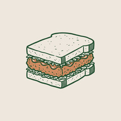 Retro Fried Sandwich Graphic.Vintage Fast Food Art.Halftone Chicken Burger.Classic Deli Illustration.Distressed Lunch Vector