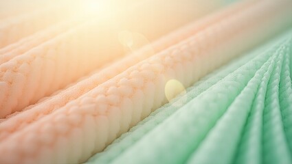 Soft, textured fabric showcases a gradient of colors from peach to pastel green, gently illuminated by warm sunlight, with a shallow depth of field creating a dreamy and serene visual.