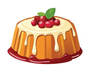Delicious Vanilla Pudding or Creme Caramel Dessert Drizzled with Cream Sauce and Garnished with Red Berries - Vector Illustration