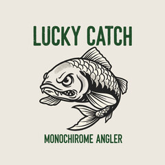 Vintage Fish Emblem.Angry Catch Design.Retro Fishing Mascot.Lucky Angler Graphic.Monochrome Sport Fish